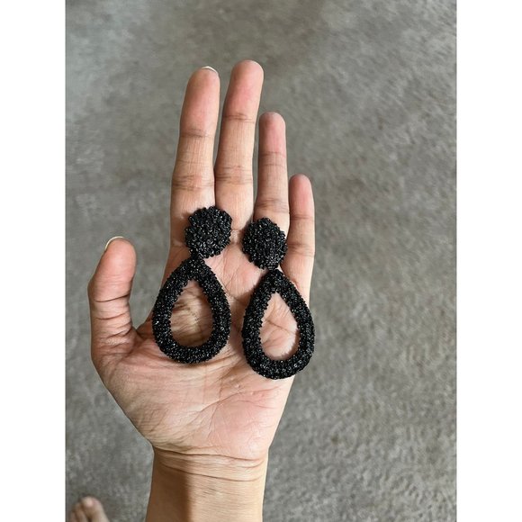 Big Black Earring teardrop metal statement bold chunky Pierced Pageant textured - Picture 1 of 8